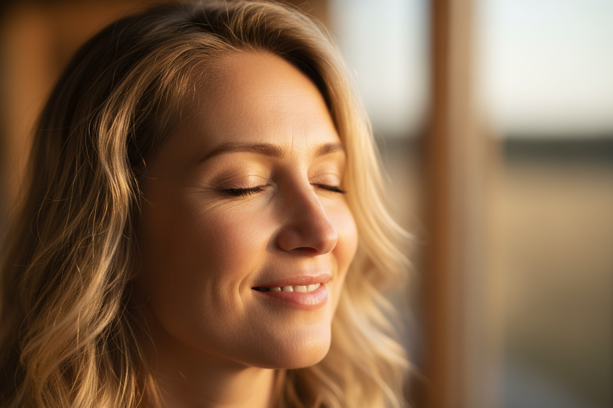 A closeup of a nordic woman in her 40s with closed eyes, smiling, glowing skin and happy