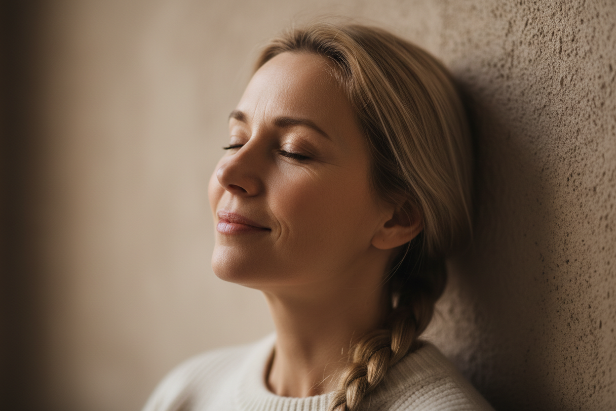 A closeup of a nordic woman in her 40s with closed eyes, smiling, standing with head rested to a deep beige wall