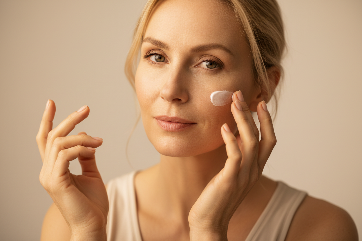 remove the product container on the table, and apply on one cheek only